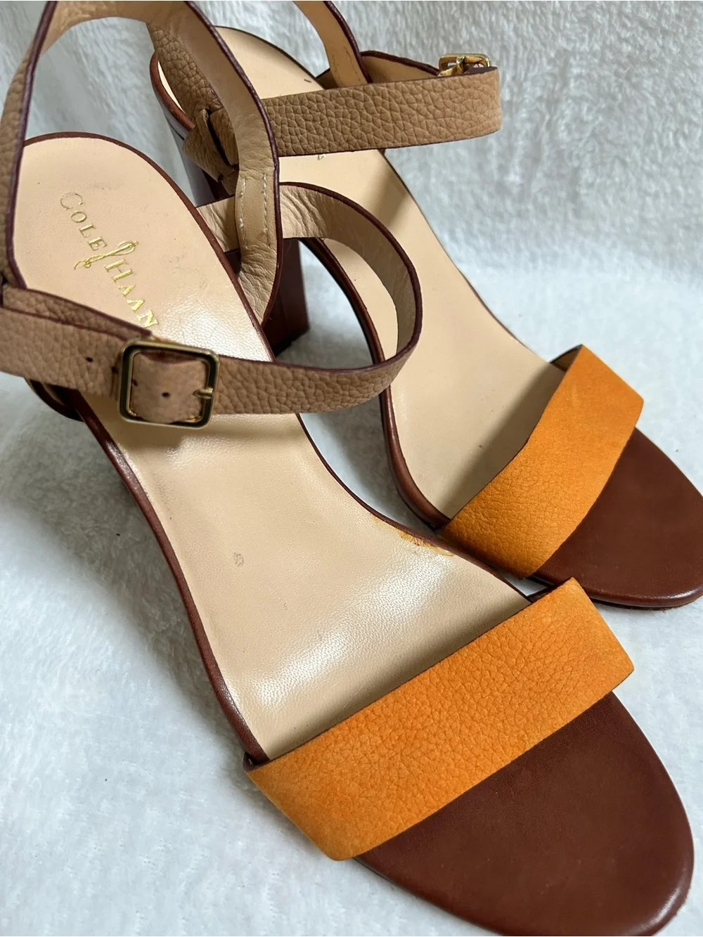 Cole Haan Orange and Brown Strappy Block Heel Sandals